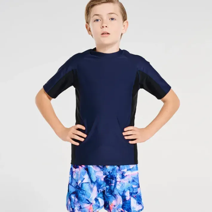Kids Aqua Blu Building Blocks Short Sleeve Rash Vest